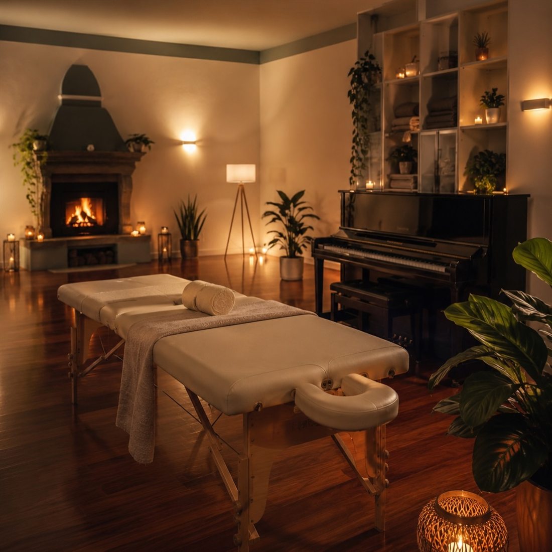 Sala con pianoforte e camino acceso