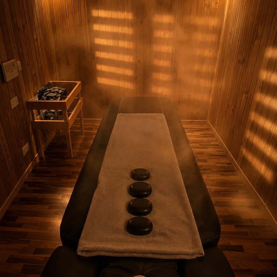 Cabina biosauna in legno con lettino e pietre calde